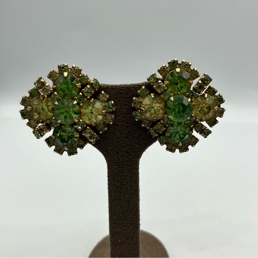Vintage Kramer light green uranium gold tone clip on earrings